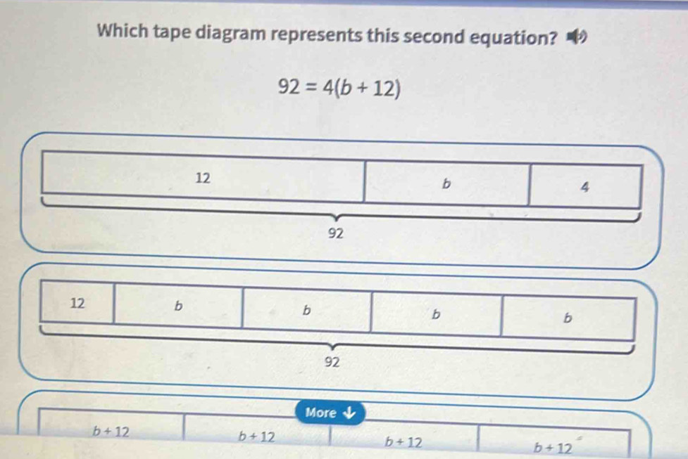 Which tape diagram represents this second equation?
92=4(b+12)
12
b
4
92
More
b+12
b+12
b+12
b+12