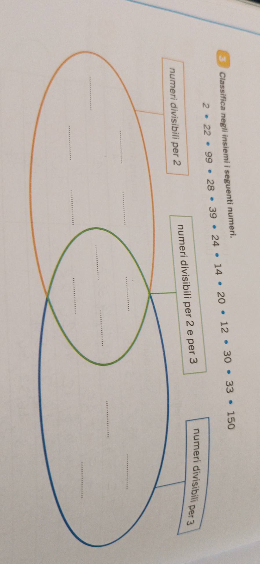 2· 22· 99· 28· 39· 24· 14· 20· 12· 30· 33· 150
3 Classifica negli insiemi i seguenti numeri.