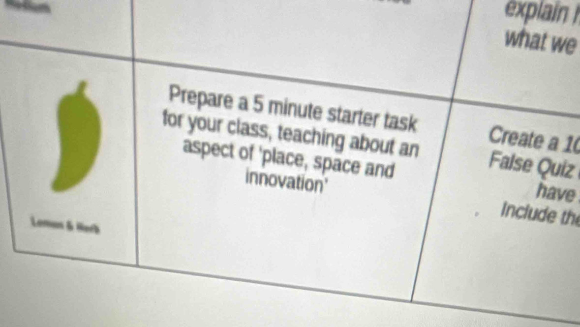 explain 
what we 
Prepare a 5 minute starter task Create a 1
for your class, teaching about an False Quiz 
aspect of 'place, space and have 
innovation' 
Include the