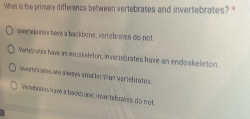 What is the primary difference between vertebrates and invertebrates? *
Invertebrates have a backbone; vertebrates do not.
Vertebrates have an exoskeleton; invertebrates have an endoskeleton.
Invertebrates are always smaller than vertebrates.
Vertebrates have a backbone; invertebrates do not.