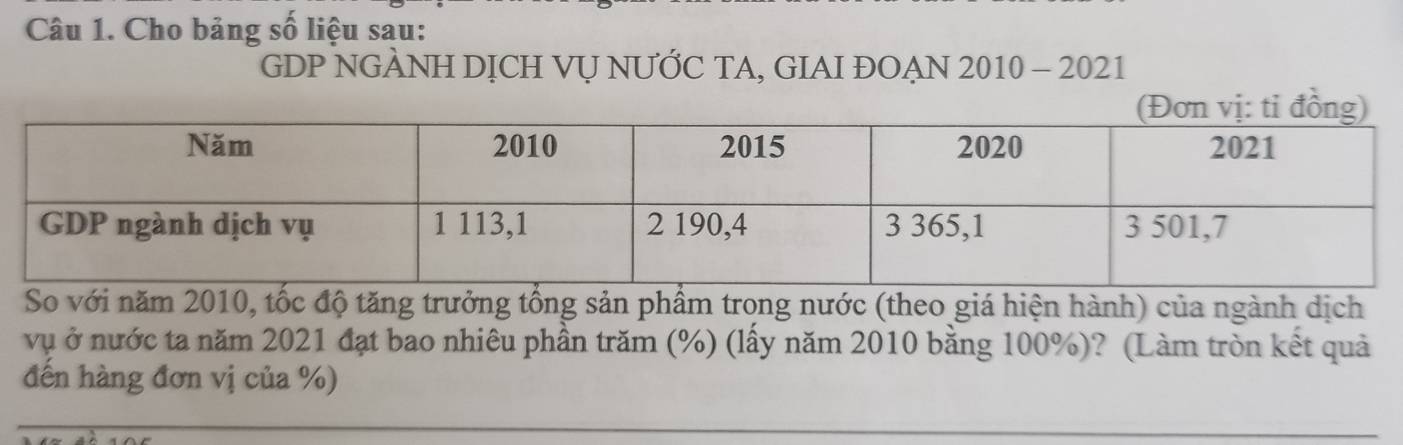 Cho bảng số liệu sau: 
GDP NGÀNH DỊCH VỤ NƯỚC TA, GIAI ĐOẠN 2010 - 2021 
So với năm 2010, tốc độ tăng trưởng tổng sản phẩm trong nước (theo giá hiện hành) của ngành dịch 
vụ ở nước ta năm 2021 đạt bao nhiêu phần trăm (%) (lấy năm 2010 bằng 100%)? (Làm tròn kết quả 
đến hàng đơn vị của %)