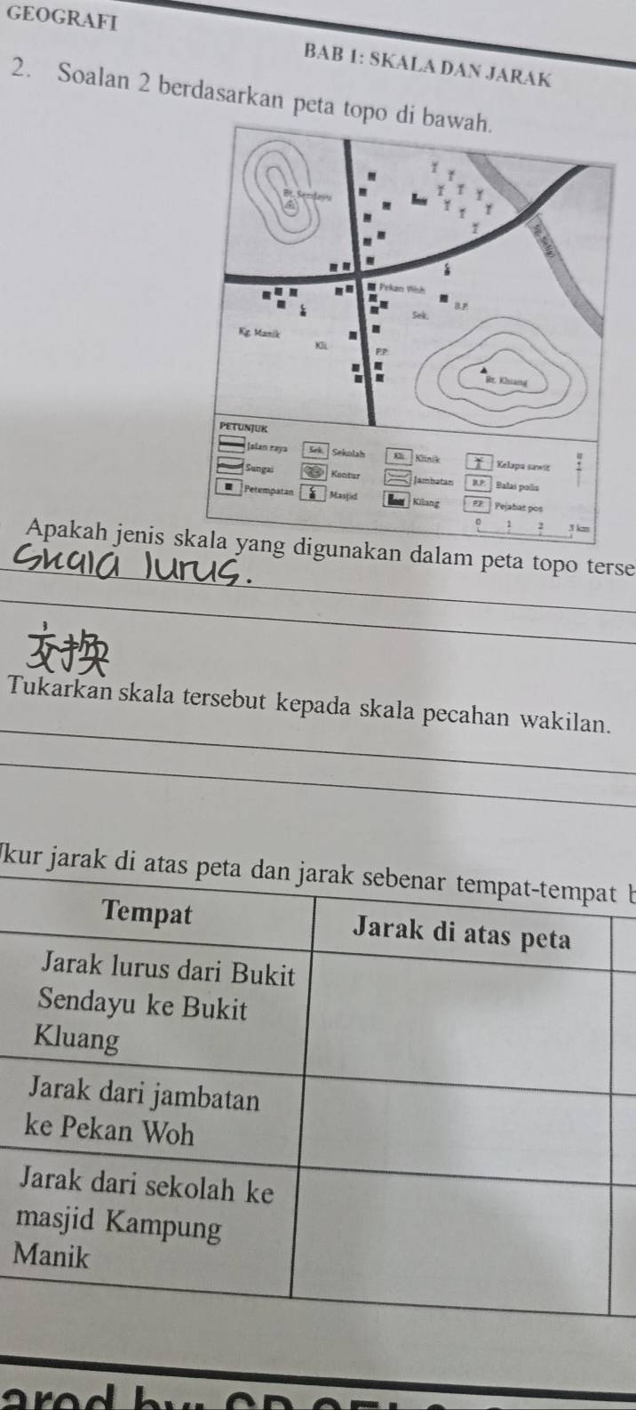 GEOGRAFI 
BAB 1: SKALA DAN JARAK 
2. Soalan 2 berdasarkan peta topo 
_ 
Apakah jenis skala yang digunakan dalam peta topo terse 
_ 

_ 
Tukarkan skala tersebut kepada skala pecahan wakilan. 
_ 
Ukur t b
m
M