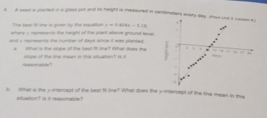 A seed is placsed in a glass pot and its height is measured in centimeters every day
The best ir line is given by the equation y=0.404x-5.18
whers y represents the height of the plant above ground leval, 
and i represents the number of days since it was planted . 
a. What is the slope of the best fit line? What does the 
slope of the line mean in this situation? Is it 
reasonable? 
b. What is the y-intercept of the best fit line? What does the y-intercept of the line mean in this 
situation? Is it reasonable?