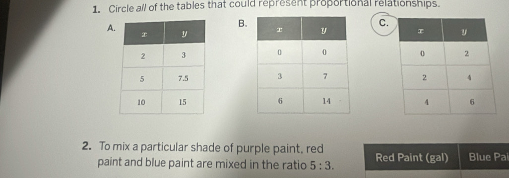 Circle all of the tables that could represent proportional relationships. 
A 
B. 
C. 


2. To mix a particular shade of purple paint, red 
paint and blue paint are mixed in the ratio 5:3. Red Paint (gal) Blue Pai