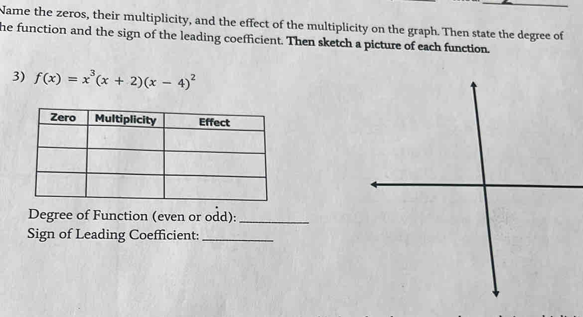 Name the zeros, their multiplicity, and the effect of the multiplicity on the graph. Then state the degree of 
he function and the sign of the leading coefficient. Then sketch a picture of each function. 
3) f(x)=x^3(x+2)(x-4)^2
Degree of Function (even or odd):_ 
Sign of Leading Coefficient:_