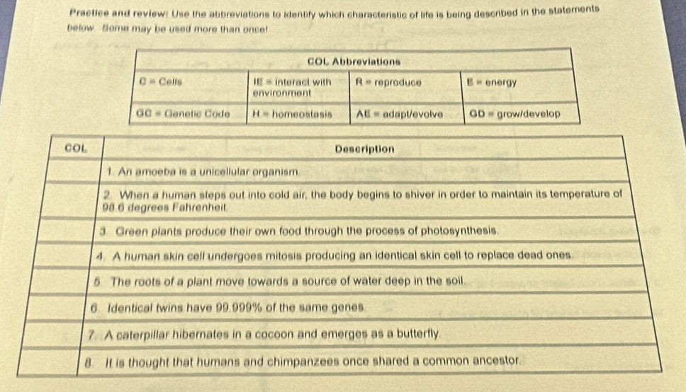 Practice and review: Use the abbreviations to identify which characteristic of life is being descrbed in the statements
below. Some may be used more than once!