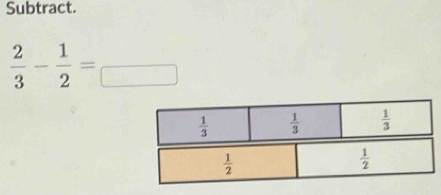 Subtract.
 2/3 - 1/2 =frac 