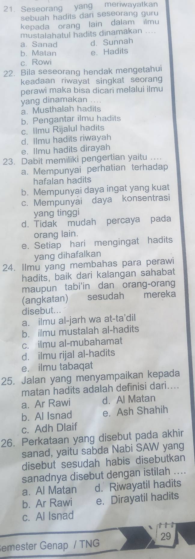 Seseorang yang meriwayatkan
sebuah hadits dari seseorang guru
kepada orang lain dalam ilmu
mustalahatul hadits dinamakan ....
a. Sanad
d. Sunnah
b. Matan e. Hadits
c. Rowi
22. Bila seseorang hendak mengetahui
keadaan riwayat singkat seoran
perawi maka bisa dicari melalui ilmu
yang dinamakan . ..
a. Musthalah hadits
b. Pengantar ilmu hadits
c. Ilmu Rijalul hadits
d. Ilmu hadits riwayah
e. Ilmu hadits dirayah
23. Dabit memiliki pengertian yaitu .
a. Mempunyai perhatian terhadap
hafalan hadits
b. Mempunyai daya ingat yang kuat
c. Mempunyai daya konsentrasi
yang tinggi
d. Tidak mudah percaya pada
orang lain.
e. Setiap hari mengingat hadits
yang dihafalkan
24. Ilmu yang membahas para perawi
hadits, baik dari kalangan sahabat
maupun tabi'in dan orang-orang
(angkatan) sesudah mereka
disebut. .
a. ilmu al-jarh wa at-ta'dil
b. ilmu mustalah al-hadits
c. ilmu al-mubahamat
d. ilmu rijal al-hadits
e. ilmu tabaqat
25. Jalan yang menyampaikan kepada
matan hadits adalah definisi dari....
a. Ar Rawi d. Al Matan
b. Al Isnad e. Ash Shahih
c. Adh Dlaif
26. Perkataan yang disebut pada akhir
sanad, yaitu sabda Nabi SAW yang
disebut sesudah habis disebutkan
sanadnya disebut dengan istilah ....
a. Al Matan d. Riwayatil hadits
b. Ar Rawi e. Dirayatil hadits
c. Al Isnad
29
emester Genap / TNG