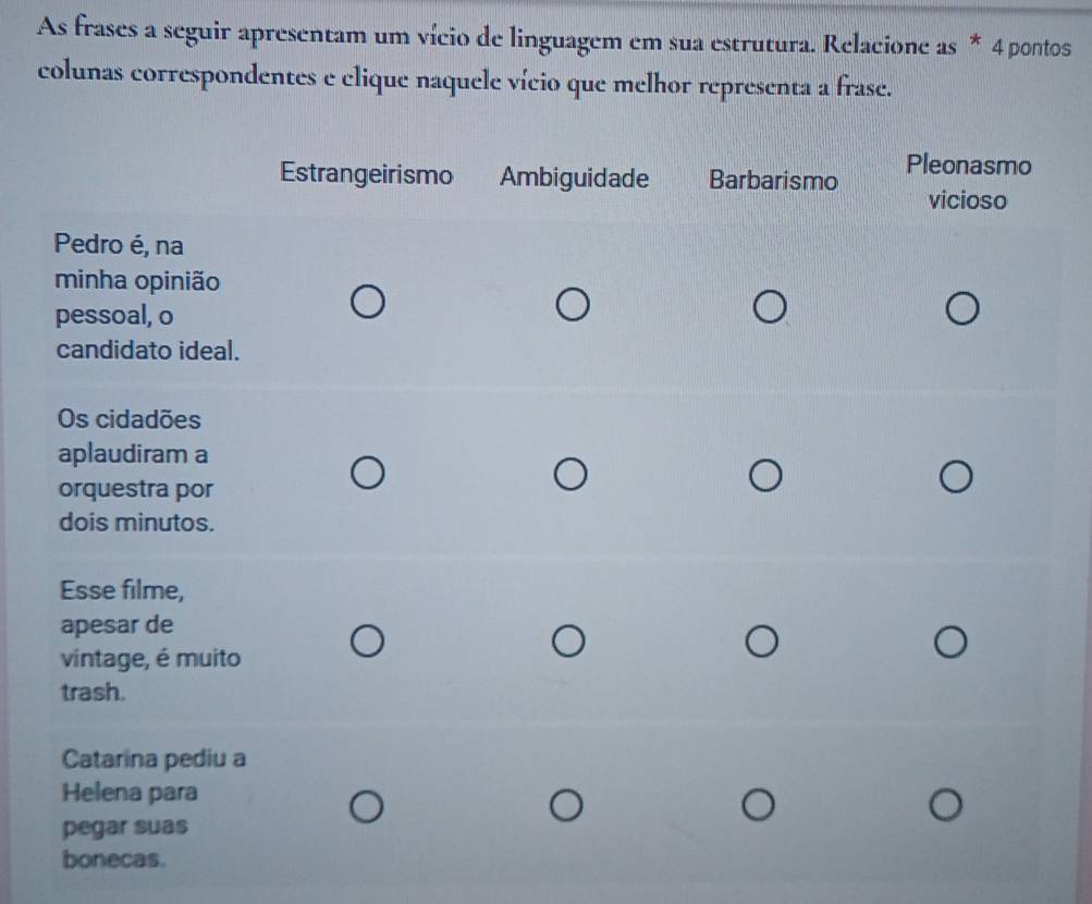 As frases a seguir apresentam um vício de linguagem em sua estrutura. Relacione as * 4 pontos 
colunas correspondentes e clique naquele vício que melhor representa a frase.