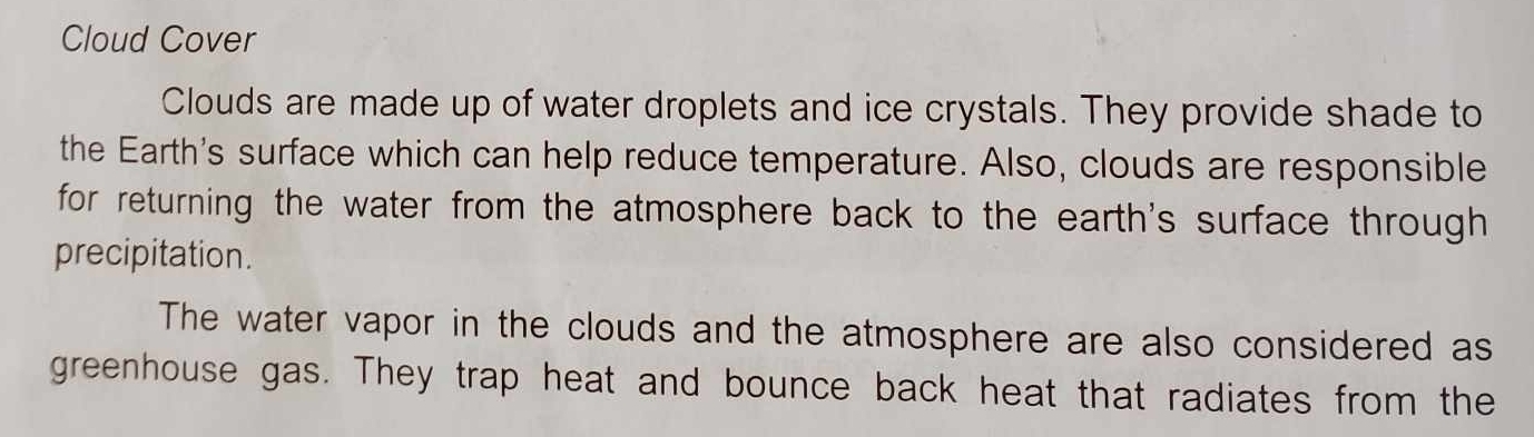 Cloud Cover 
Clouds are made up of water droplets and ice crystals. They provide shade to 
the Earth's surface which can help reduce temperature. Also, clouds are responsible 
for returning the water from the atmosphere back to the earth's surface through 
precipitation. 
The water vapor in the clouds and the atmosphere are also considered as 
greenhouse gas. They trap heat and bounce back heat that radiates from the