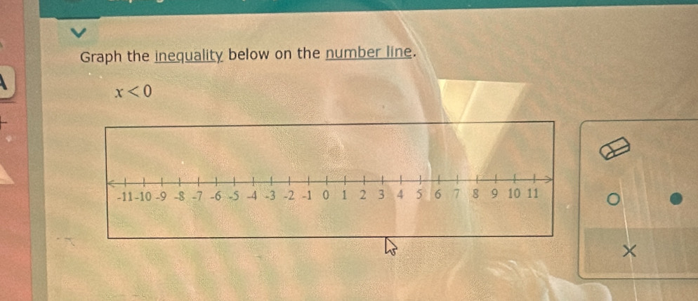 Graph the inequality below on the number line.
x<0</tex> 
×