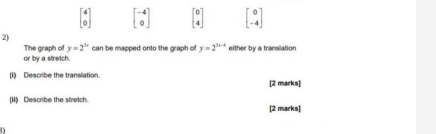 beginbmatrix 4 0endbmatrix beginbmatrix -4 0endbmatrix beginbmatrix 0 4endbmatrix beginbmatrix 0 -4endbmatrix
2)
The graph of y=2^(3x) can be mapped onto the graph of y=2^(1n-4)
or by a stretch. either by a translation
(1) Describe the translation. [2 marks]
(ii) Describe the stretch. [2 marks]