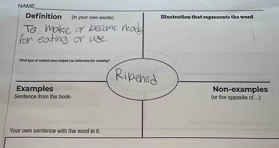 NAME 
_ 
Definition in your own words) Illustration that represents the word 
What type of context clues helped you determine the measing? 
Examples Non-examples 
Sentence from the book- (or the opposite of...) 
Your own sentence with the word in it: