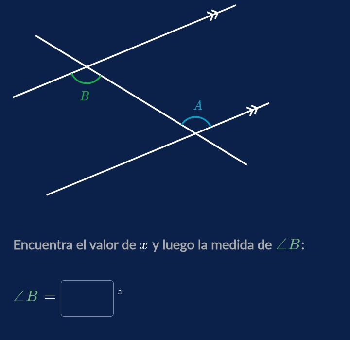 Encuentra el valor de x y luego la medida de ∠ B
∠ B=□°