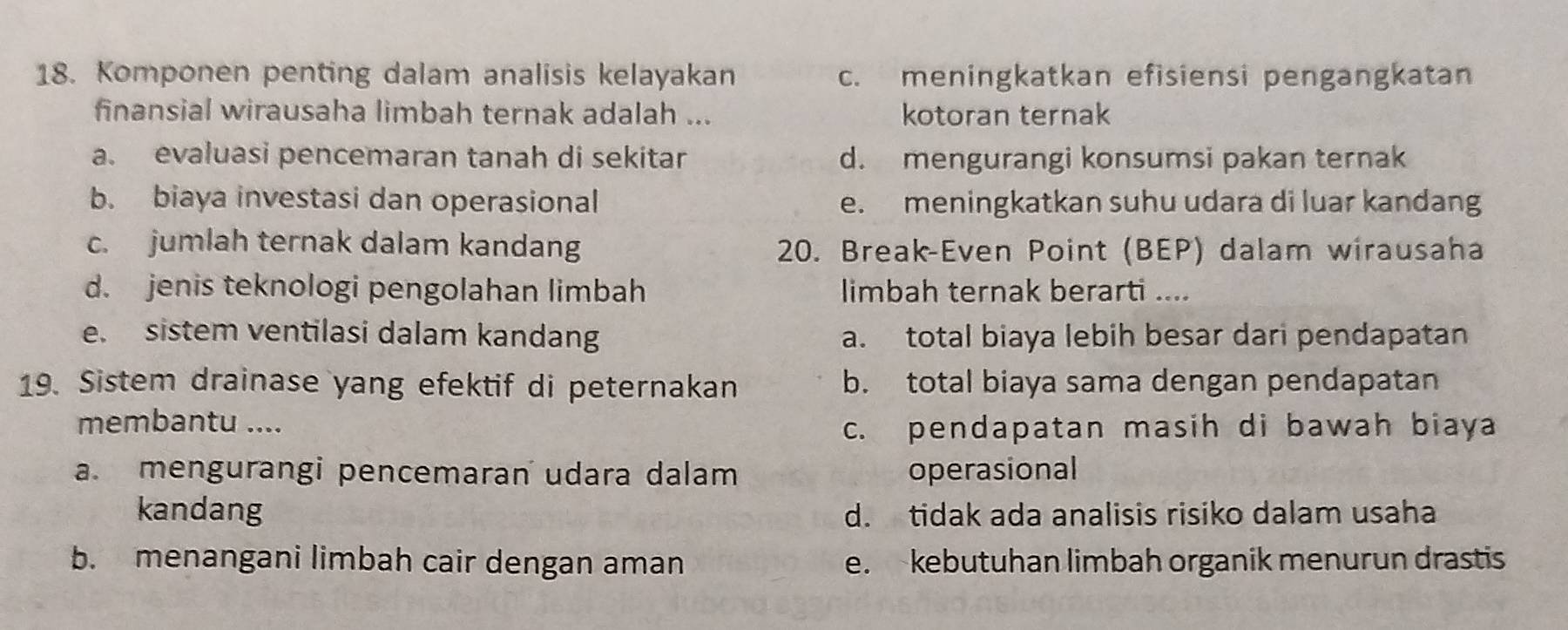 Komponen penting dalam analisis kelayakan c. meningkatkan efisiensi pengangkatan
finansial wirausaha limbah ternak adalah ... kotoran ternak
a. evaluasi pencemaran tanah di sekitar d. mengurangi konsumsi pakan ternak
b. biaya investasi dan operasional e. meningkatkan suhu udara di luar kandang
c. jumlah ternak dalam kandang 20. Break-Even Point (BEP) dalam wirausaha
d. jenis teknologi pengolahan limbah limbah ternak berarti ....
e. sistem ventilasi dalam kandang a. total biaya lebih besar dari pendapatan
19. Sistem drainase yang efektif di peternakan b. total biaya sama dengan pendapatan
membantu ....
c. pendapatan masih di bawah biaya
a. mengurangi pencemaran udara dalam operasional
kandang d. tidak ada analisis risiko dalam usaha
b. menangani limbah cair dengan aman e. kebutuhan limbah organik menurun drastis