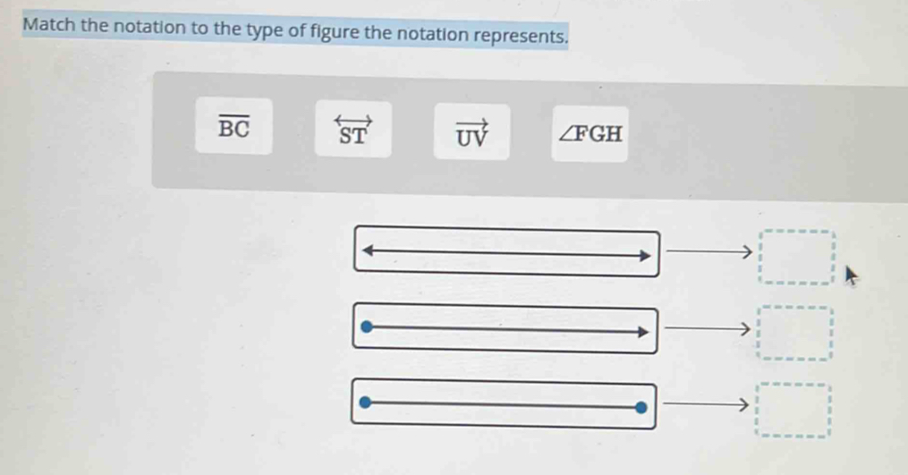 Match the notation to the type of figure the notation represents.
overline BC overleftrightarrow ST vector UV ∠ FGH
□ 
□ 
□