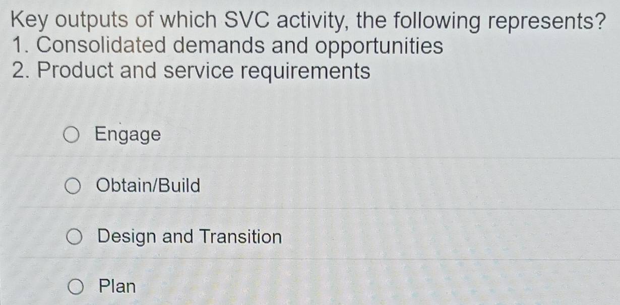 Key outputs of which SVC activity, the following represents?
1. Consolidated demands and opportunities
2. Product and service requirements
Engage
Obtain/Build
Design and Transition
Plan