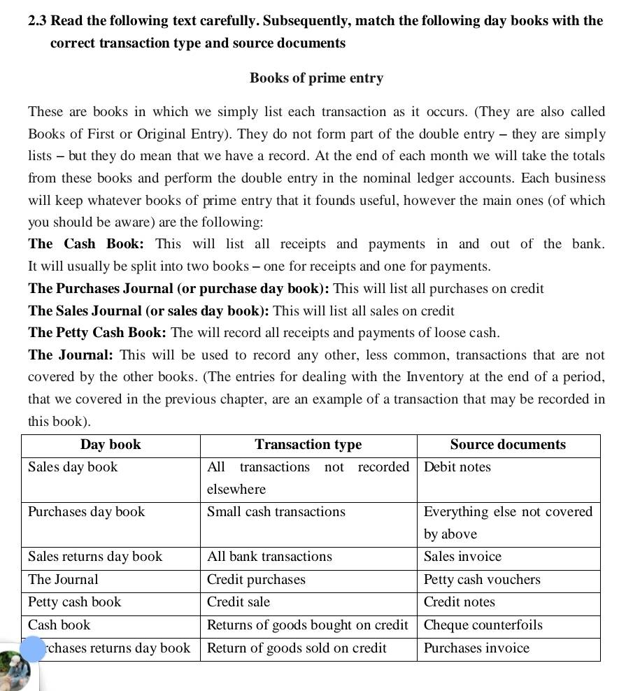 2.3 Read the following text carefully. Subsequently, match the following day books with the 
correct transaction type and source documents 
Books of prime entry 
These are books in which we simply list each transaction as it occurs. (They are also called 
Books of First or Original Entry). They do not form part of the double entry - they are simply 
lists - but they do mean that we have a record. At the end of each month we will take the totals 
from these books and perform the double entry in the nominal ledger accounts. Each business 
will keep whatever books of prime entry that it founds useful, however the main ones (of which 
you should be aware) are the following: 
The Cash Book: This will list all receipts and payments in and out of the bank. 
It will usually be split into two books - one for receipts and one for payments. 
The Purchases Journal (or purchase day book): This will list all purchases on credit 
The Sales Journal (or sales day book): This will list all sales on credit 
The Petty Cash Book: The will record all receipts and payments of loose cash. 
The Journal: This will be used to record any other, less common, transactions that are not 
covered by the other books. (The entries for dealing with the Inventory at the end of a period, 
that we covered in the previous chapter, are an example of a transaction that may be recorded in 
this book).