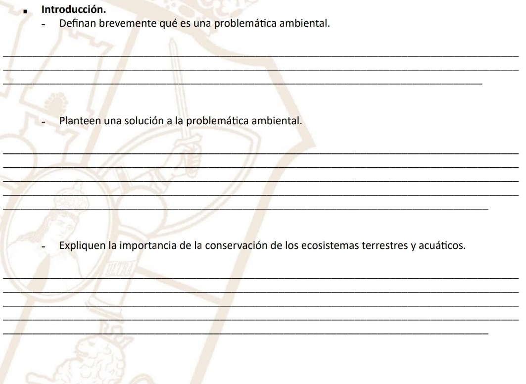 Introducción. 
Definan brevemente qué es una problemática ambiental. 
_ 
_ 
_ 
Planteen una solución a la problemática ambiental. 
_ 
_ 
_ 
_ 
_ 
Expliquen la importancia de la conservación de los ecosistemas terrestres y acuáticos. 
_ 
_ 
_ 
_ 
_