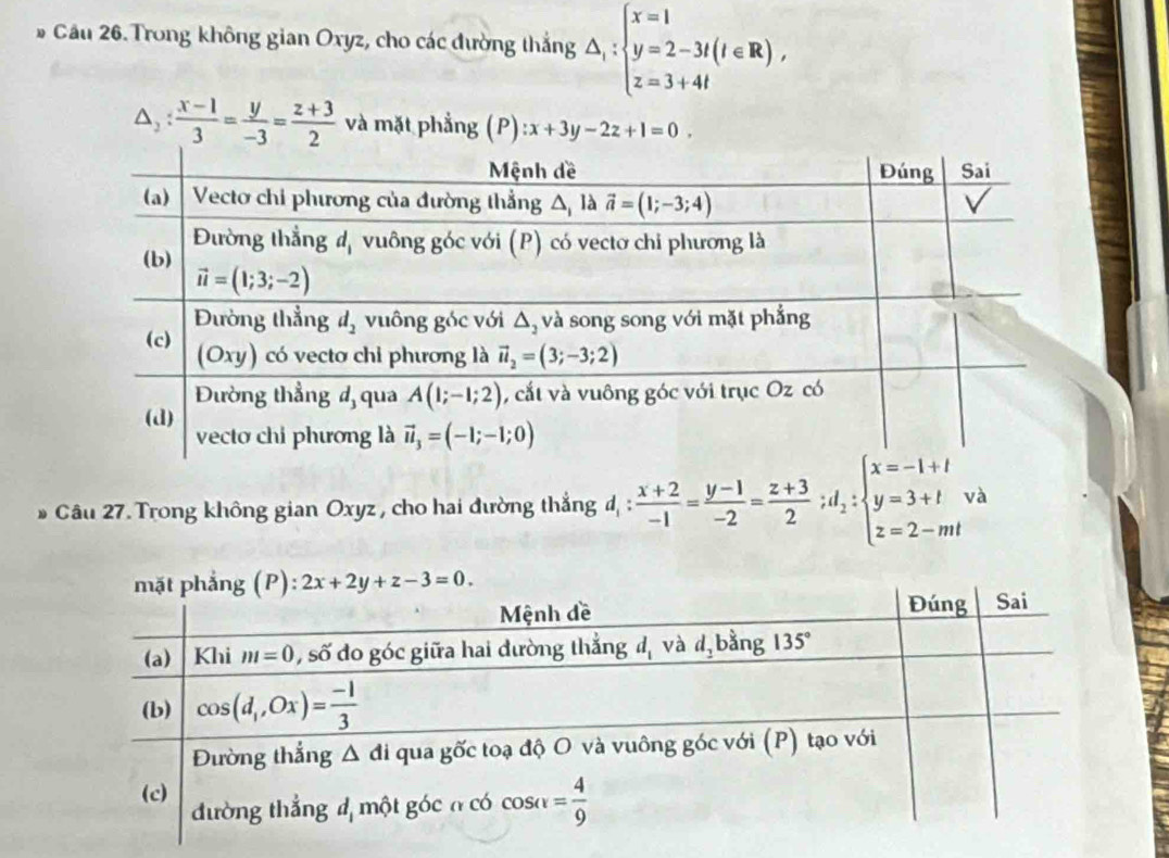 # Cầu 26. Trong không gian Oxyz, cho các đường thắng △ _i:beginarrayl x=1 y=2-3t(t∈ R), z=3+4tendarray.
△ _2: (x-1)/3 = y/-3 = (z+3)/2  và mặt phẳng (P):x+3y-2z+1=0.
* Câu 27. Trong không gian Oxyz , cho hai đường thẳng đ, d_1: (x+2)/-1 = (y-1)/-2 = (z+3)/2 ;d_2:beginarrayl x=-1+l y=3+l z=2-mlendarray. va