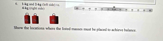 1-kg and 2-kg (left side) vs. -60 -40 -30 -20 -10 0 cm 10 20 30 ω 50 60
4-kg (right side) 60
1k 2k 4k
Show the locations where the listed masses must be placed to achieve balance.