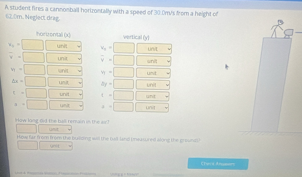 A student fires a cannonball horizontally with a speed of 30.0m/s from a height of
62.0m. Neglect drag. 
horizontal (x) vertical (y)
V_o= □ unit □ unit
V_o=
overline v= :□ unit overline v=□ unit
v_f=□ unit v_f=□ unit
△ x=□ unit △ y=□ unit
t=□ unit t=□ unit
a=□ unit a=□ unit 
How long did the ball remain in the air? 
- unit 
How far from from the building will the ball land (measured along the ground)? 
□ unit 
Check Answers 
Uivt 4. Projesle Mation, Prepientión Problems Using y =10m/s^2