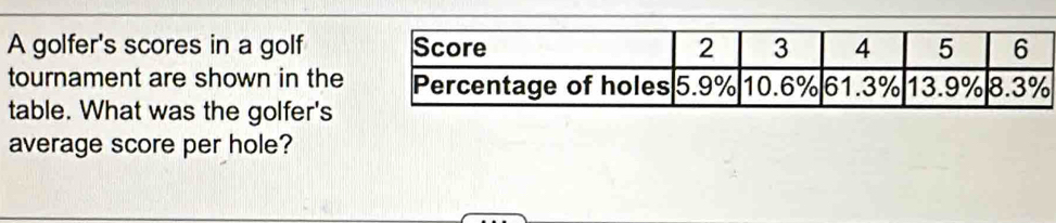 A golfer's scores in a golf 
tournament are shown in the 
table. What was the golfer's 
average score per hole?