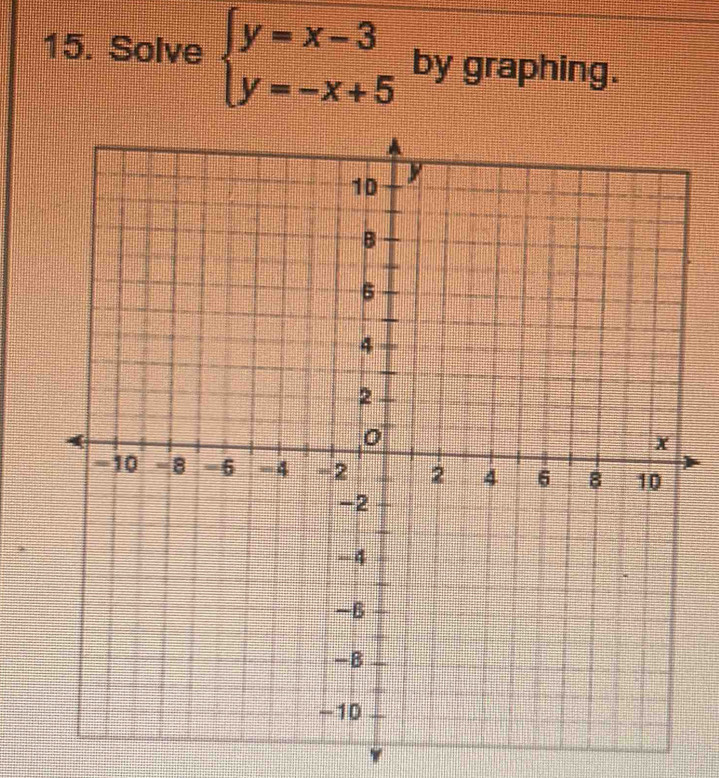 Solve beginarrayl y=x-3 y=-x+5endarray. by graphing.