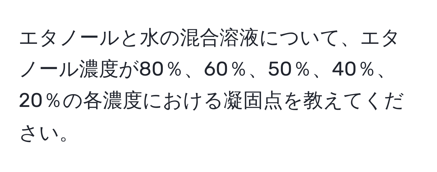 エタノールと水の混合溶液について、エタノール濃度が80％、60％、50％、40％、20％の各濃度における凝固点を教えてください。