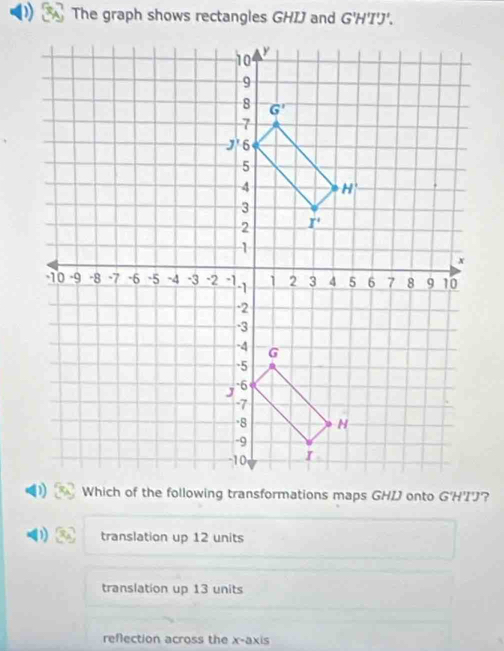 The graph shows rectangles GHIJ and G'H'T'.
D translation up 12 units
translation up 13 units
refection across the x-axis