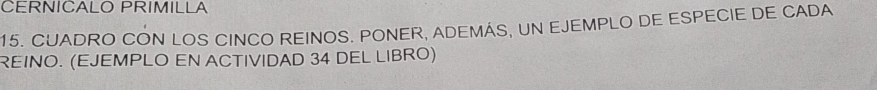 CERNICALO PRIMILLA 
15. CUADRO CON LOS CINCO REINOS. PONER, ADEMAS, UN EJEMPLO DE ESPECIE DE CADA 
REINO. (EJEMPLO EN ACTIVIDAD 34 DEL LIBRO)