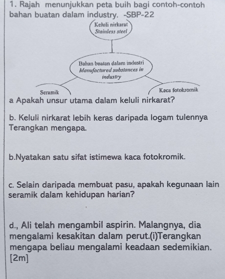 Rajah menunjukkan peta buih bagi contoh-contoh 
bahan buatan dalam industry. -SBP-22 
a Apakah unsur utama dalam keluli nirkarat? 
b. Keluli nirkarat lebih keras daripada logam tulennya 
Terangkan mengapa. 
b.Nyatakan satu sifat istimewa kaca fotokromik. 
c. Selain daripada membuat pasu, apakah kegunaan lain 
seramik dalam kehidupan harian? 
d., Ali telah mengambil aspirin. Malangnya, dia 
mengalami kesakitan dalam perut.(i)Terangkan 
mengapa beliau mengalami keadaan sedemikian. 
[2m]