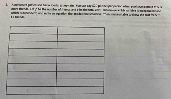 A miniature golf course has a special group rate. You can pay $20 plus $3 per person when you have a group of 5 or 
more friends. Let f be the number of friends and c be the total cost. Determine which variable is independent and 
which is dependent, and write an equation that models the situation. Then, make a table to show the cost for 5 to
12 friends.