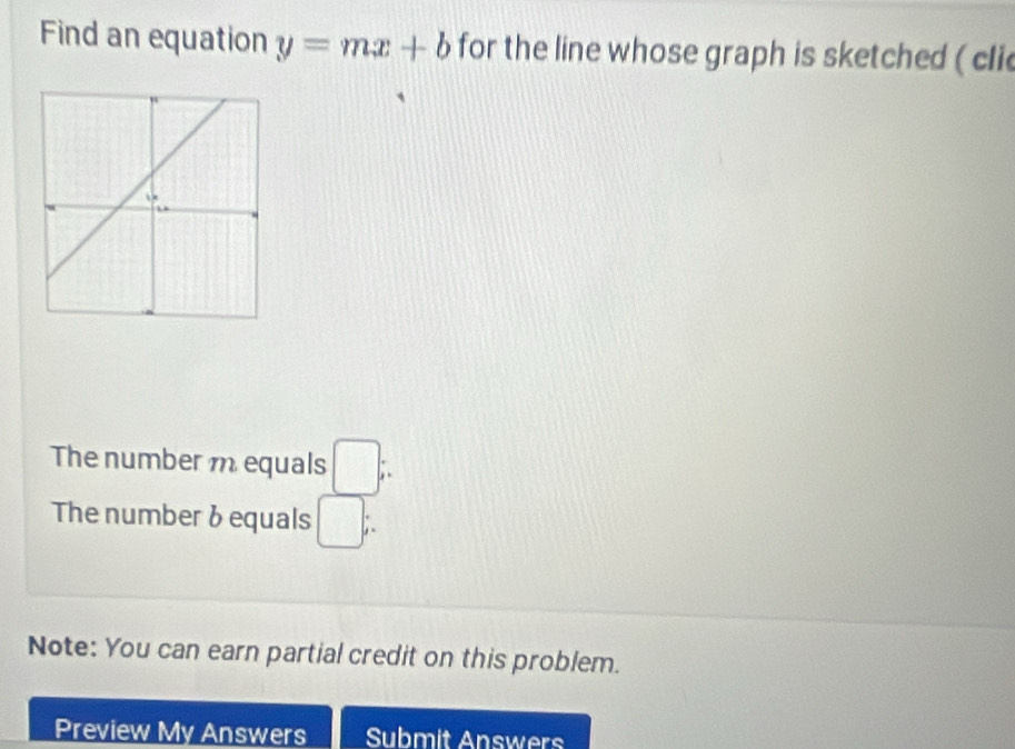 Find an equation y=mx+b for the line whose graph is sketched ( cli 
The number m equals □; 
The number & equals □ j° 
Note: You can earn partial credit on this problem. 
Preview My Answers Submit Answers