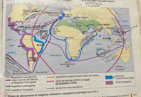 de la fèrre depuis Christophe Colomb ?
expé (mais Colomb est Génois 
et Magellan Portugais) comptoirs portugais
Empire espagnol
expédition portugaise de Tordesillas (1494) ligne de partage définie au traité
expédition française ancienne route des épices
4 Vovages de découverte et empires coloniaux espagnol et portugais au XVI° S.
0 l'éamlasement du monde (2) 183