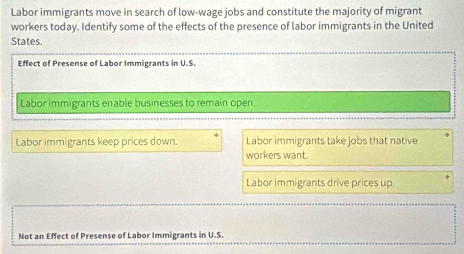 Labor immigrants move in search of low-wage jobs and constitute the majority of migrant
workers today. Identify some of the effects of the presence of labor immigrants in the United
States.
Effect of Presense of Labor Immigrants in U.S.
Labor immigrants enable businesses to remain open.
Labor immigrants keep prices down. Labor immigrants take jobs that native
workers want.
Labor immigrants drive prices up.
Not an Effect of Presense of Labor Immigrants in U.S.