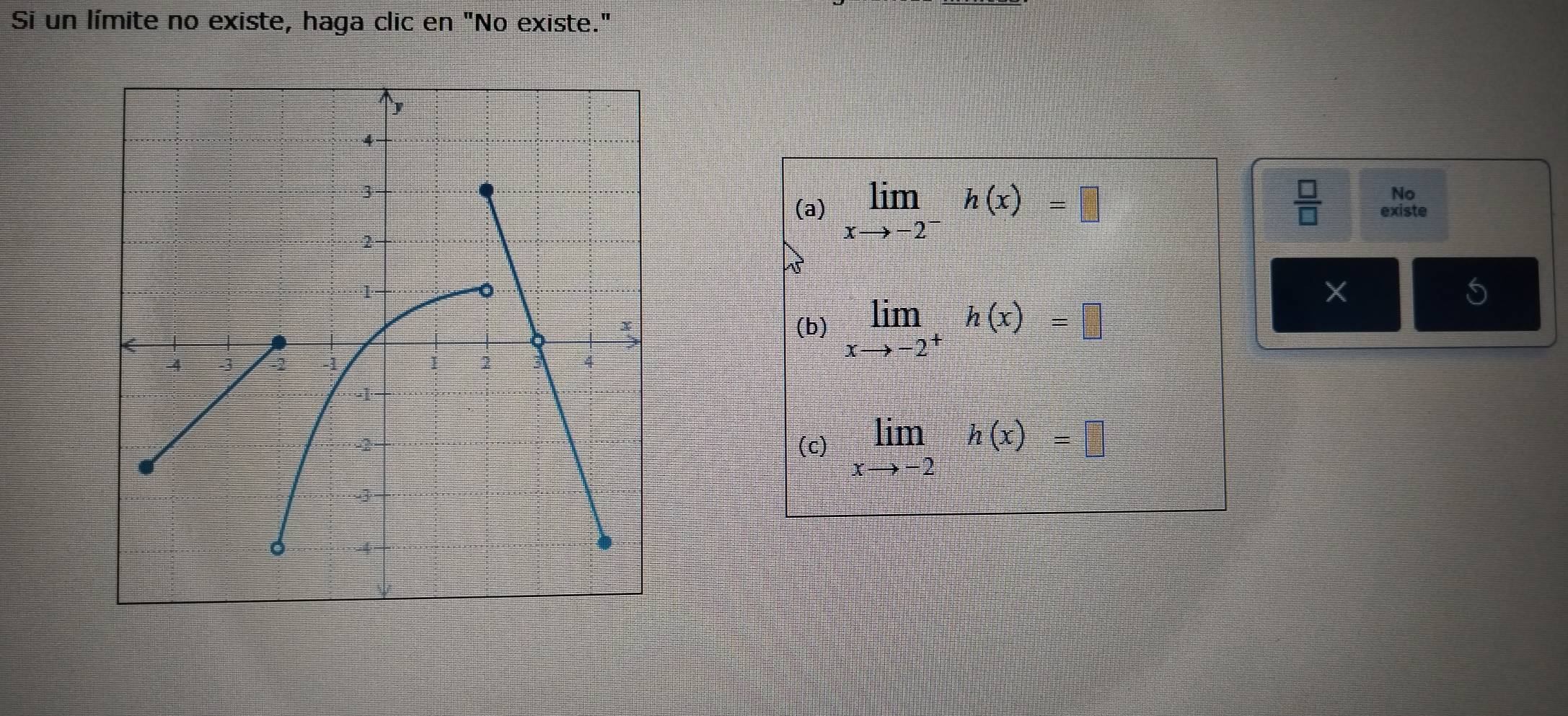 Si un límite no existe, haga clic en "No existe." 
No 
(a) limlimits _xto -2^-h(x)=□  □ /□   existe 
5 
(b) limlimits _xto -2^+h(x)=□
(c) limlimits _xto -2h(x)=□