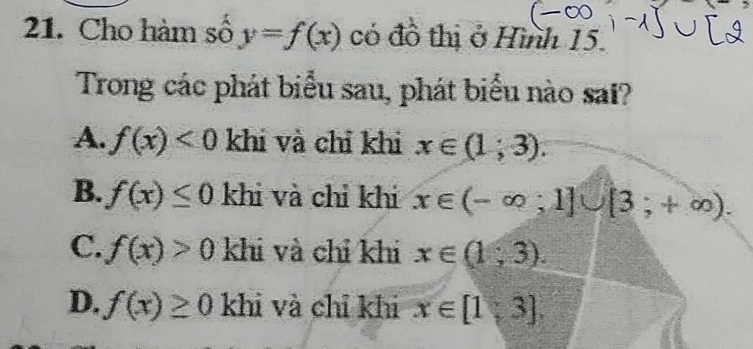 Cho hàm số y=f(x) có đồ thị ở Hình 15.
Trong các phát biểu sau, phát biểu nào sai?
A. f(x)<0</tex> khi và chỉ khi x∈ (1;3).
B. f(x)≤ 0 khi và chỉ khi x∈ (-∈fty ;1]∪ [3;+∈fty ).
C. f(x)>0 khi và chỉ khi x∈ (1;3).
D. f(x)≥ 0 khi và chỉ khi x∈ [1,3].