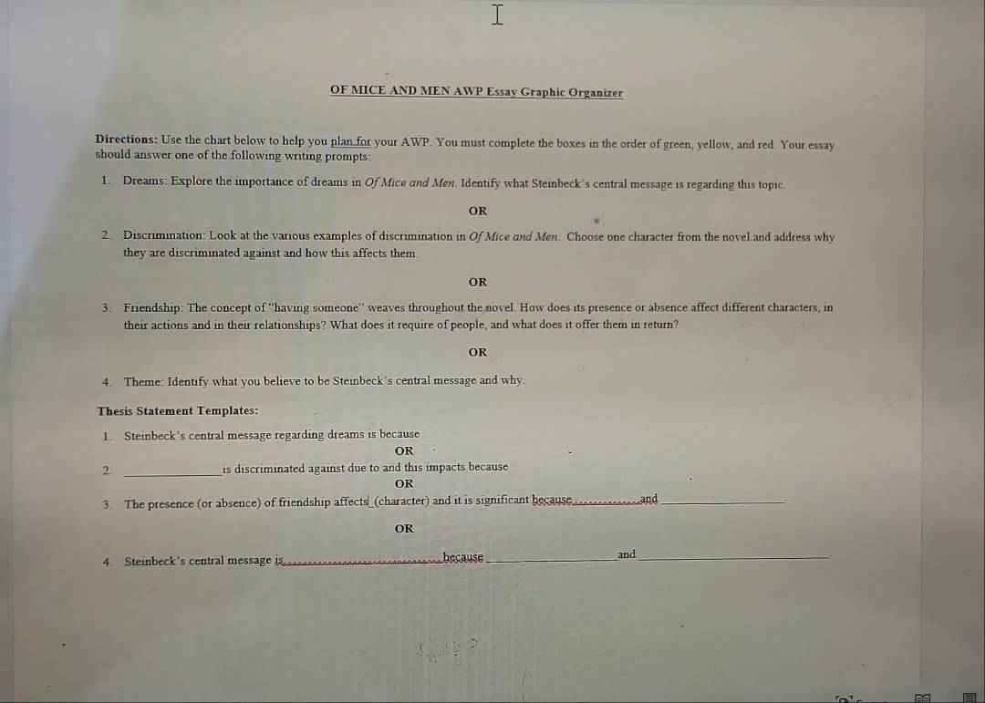 OF MICE AND MEN AWP Essay Graphic Organizer 
Directions: Use the chart below to help you plan for your AWP. You must complete the boxes in the order of green, yellow, and red. Your essay 
should answer one of the following writing prompts: 
1. Dreams: Explore the importance of dreams in Of Mice and Men. Identify what Steinbeck’s central message is regarding this topic. 
OR 
2. Discrimination: Look at the various examples of discrimination in Of Mice and Men. Choose one character from the novel and address why 
they are discriminated against and how this affects them 
OR 
3. Friendship: The concept of ''having someone'' weaves throughout the novel. How does its presence or absence affect different characters, in 
their actions and in their relationships? What does it require of people, and what does it offer them in return? 
OR 
4. Theme: Identify what you believe to be Steinbeck's central message and why. 
Thesis Statement Templates: 
1. Steinbeck's central message regarding dreams is because 
OR 
2. _is discriminated against due to and this impacts because 
OR 
3. The presence (or absence) of friendship affects _(character) and it is significant because_ and_ 
OR 
4. Steinbeck's central message is _because _and_