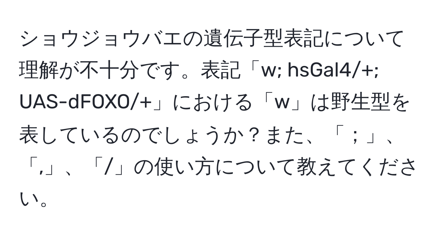 ショウジョウバエの遺伝子型表記について理解が不十分です。表記「w; hsGal4/+; UAS-dFOXO/+」における「w」は野生型を表しているのでしょうか？また、「；」、「,」、「/」の使い方について教えてください。