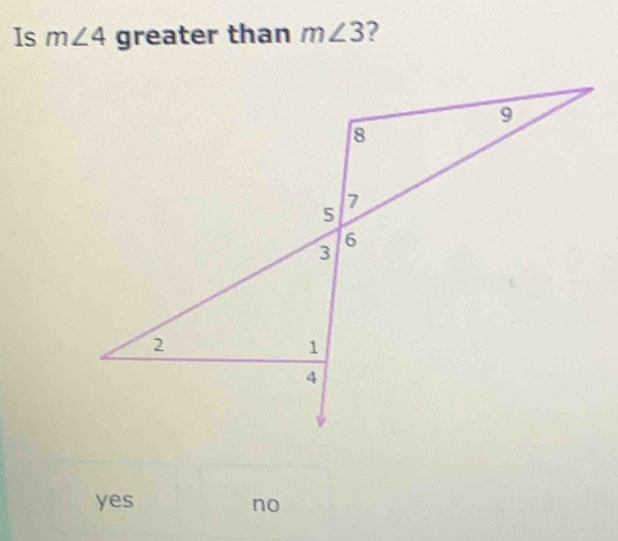 Is m∠ 4 greater than m∠ 3 ?
yes no