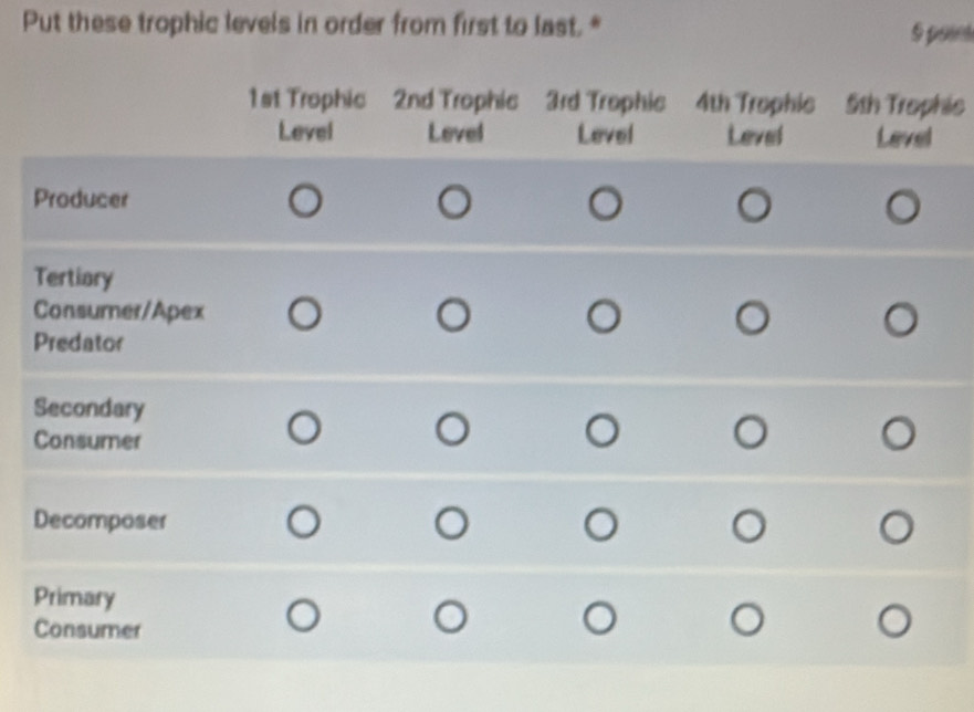 Put these trophic levels in order from first to last. * 5 poiet 
hic