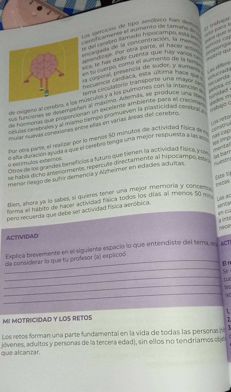 Los ejercicios de tipo aeróbico han demo  trabajar
cientificamente el aumento de tam año de    ra   
te del cerebro llamado hipocampo, esta áre
para que s
encargada de la concentración, la memora somos ca
aprendizaje. Por otra parte, al hacer activid, proponga
sica, te has dado cuenta que hay varios ca motríz qu
en tu cuerpo, como el aumento de la temp 
ra corporal, presencia de sudor, y aumento Las difère
frecuencia cardiaca, esta última hace que e volucrada
tema circulatorio transporte una mayor can 
de oxigeno al cerebro, a loúsculos y a los pulmones con la intención de pelota, co ecuerda
sus funciones se desempeñen al máximo. Además, se produce una libera tunidad 
de hormonas que proporcionan un excelente ambiente para el crecimient
células cerebrales y al mismo tiempo promueven la plasticidad cerebral, al trabajo c dades m
Los retos
mular nuevas conexiones entre ellas en varias áreas del cerebro
has cap
Por otra parte, el realizar por lo menos 50 minutos de actividad física de m
construl
o alta duración ayuda a que el cerebro tenga una mejor respuesta a las acció
tes imp
Otros de los grandes beneficios a futuro que tienen la actividad física, y com
mental
las barr
o estímulos externos.
se había dicho anteriormente, repercute directamente al hipocampo, este te
menor riesgo de sufrir demencia y Alzheimer en edades adultas
nuestra
Este til
trezas
Bien, ahora ya lo sabes, si quieres tener una mejor memoria y concentrac
forma el hábito de hacer actividad física todos los días al menos 50 minu Las ac
sental
pero recuerda que debe ser actividad física aeróbica.
en cu
a inte
nece:
ACTIVIDAD
Explica brevemente en el siguiente espacio lo que entendiste del tema, rec ACT
_
_da considerar lo que tu profesor (a) explicoó
El re
_
Se
_
cue
tes
_
ret
MI MOTRICIDAD Y LOS RETOS 1,
2.
Los retos forman una parte fundamental en la vida de todas las personas (nii 3
jóvenes, adultos y personas de la tercera edad), sin ellos no tendríamos objete
que alcanzar.