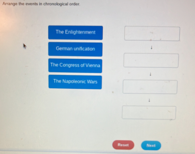 Arrange the events in chronological order.
The Enlightenment
German unification
The Congress of Vienna
The Napoleonic Wars
Reset Next