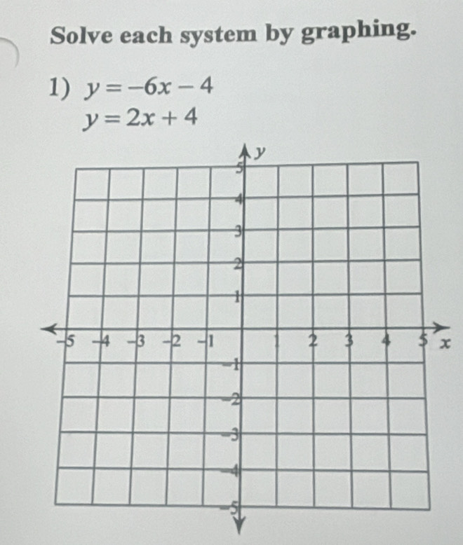 Solve each system by graphing.
1) y=-6x-4
y=2x+4
x