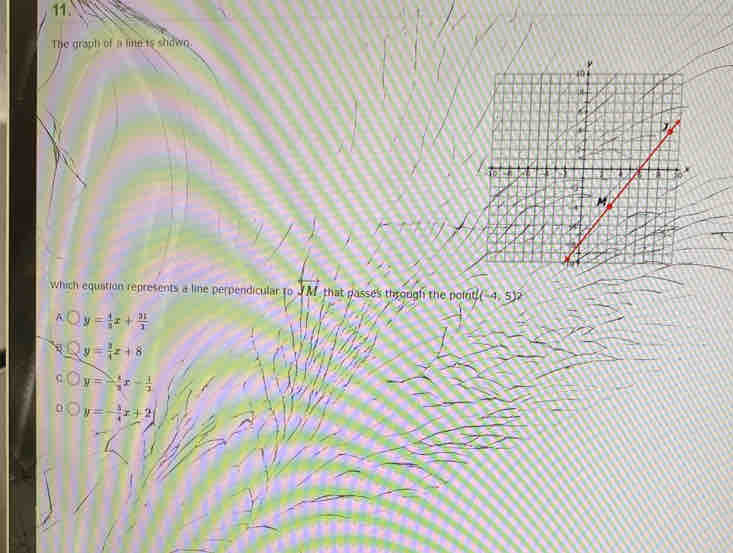 The graph of a lie is showo
which equation represents a line perpendicular to overleftrightarrow JM that passes through the point (-4,5)? 
K y= 4/3 x+ 91/3 
y= 3/4 x+8
y=- 4/3 x- 1/2 
y=- 3/4 x+2