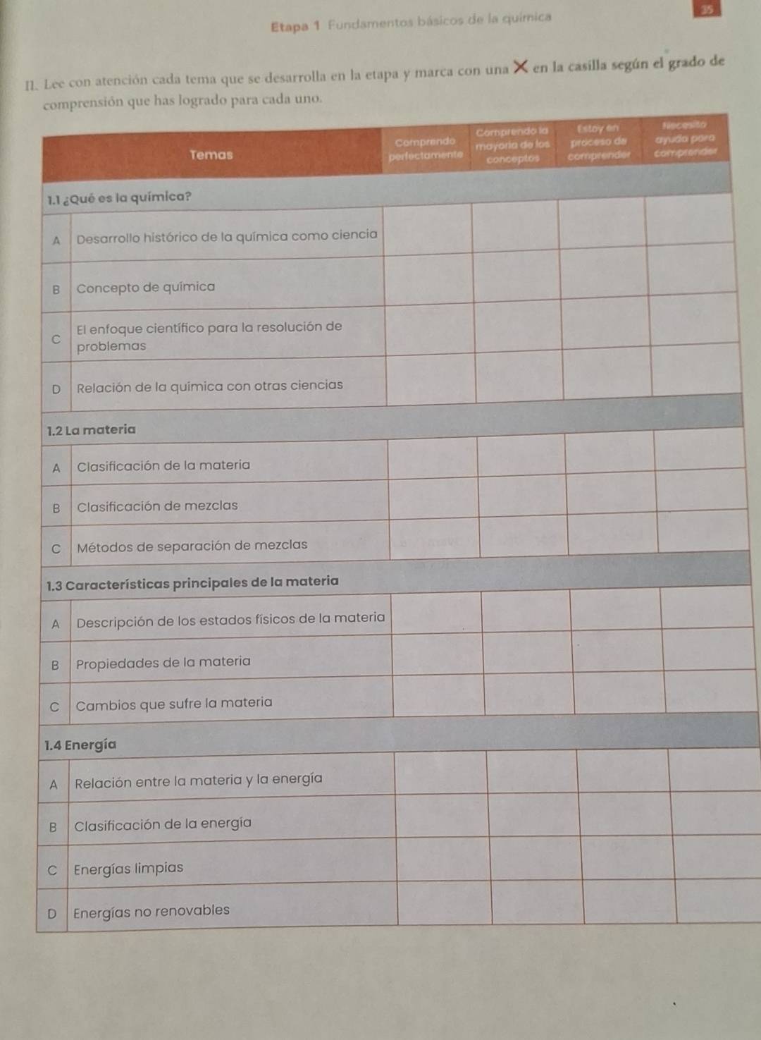 Etapa 1 Fundamentos básicos de la química 
35 
I. Lee con atención cada tema que se desarrolla en la etapa y marca con una X en la casilla según el grado de 
c 
o 
r
1
1
1