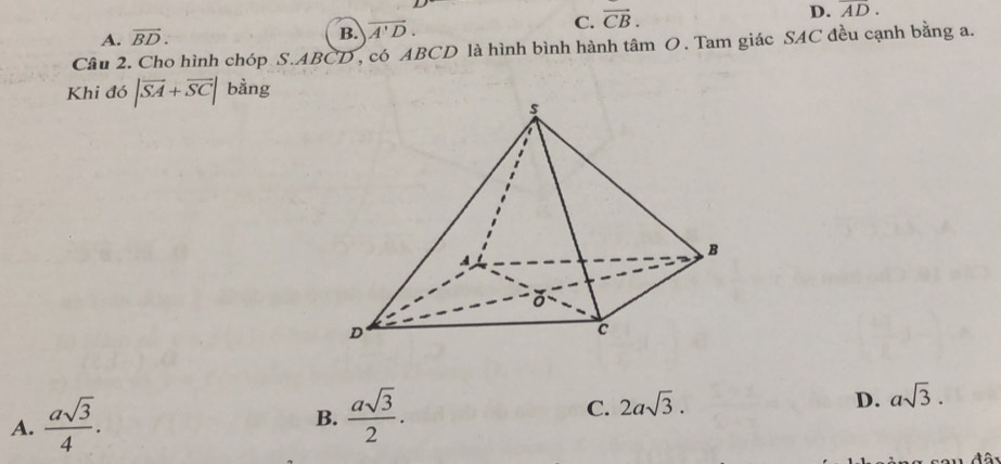 A. vector BD. B. overline A'D.
C. vector CB.
D. overline AD. 
Câu 2. Cho hình chóp S. ABCD, có ABCD là hình bình hành tâm O. Tam giác SAC đều cạnh bằng a.
Khi đó |vector SA+vector SC| bằng
A.  asqrt(3)/4 .
C.
B.  asqrt(3)/2 . 2asqrt(3).
D. asqrt(3).