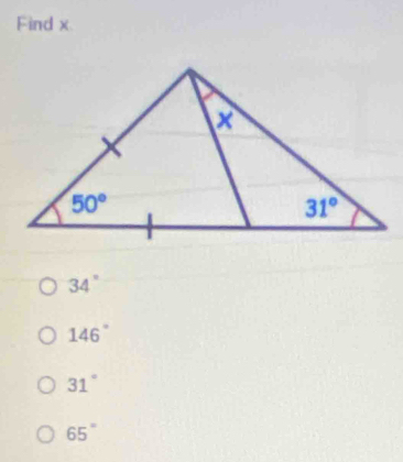 Find x
34°
146°
31°
65°