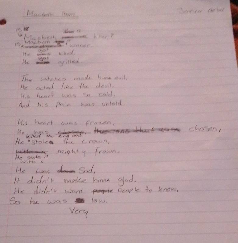 Machets room 
Hluchoot killer? 
Marbern 
whinmer, 
got 
Has Liled 
le got 
grilled. 
The witches made hame eal 
He acted like the devit. 
Hs heart wan so cold, 
And his pain was untord 
His heart was frozen, 
He ws 
cloen, 
bilsed the 
Hestole the crown, 
might y frown. 
He stale it 
with a 
He was Sd, 
If didn't make hime glad. 
He didn't want people to know, 
So he was low. 
very